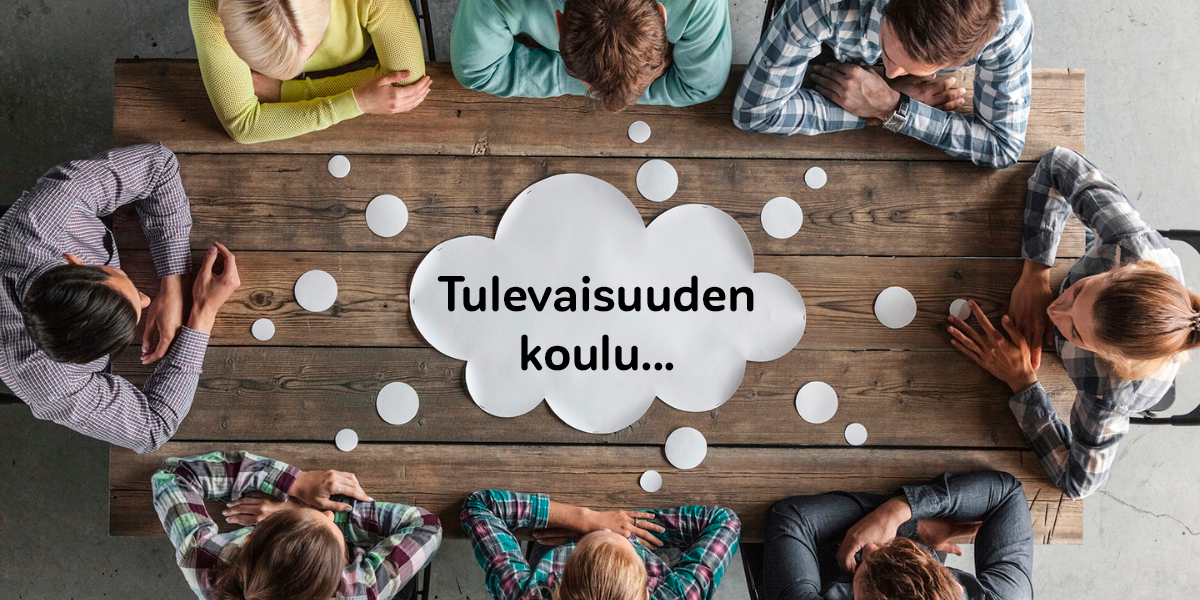Pöydällä ajatuskupla, jossa lukee "tulevaisuuden koulu..."